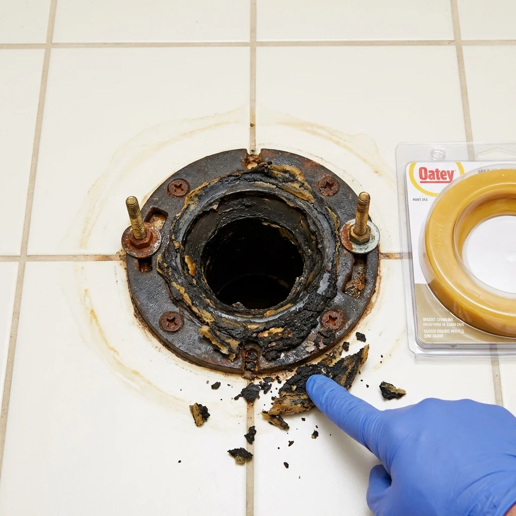 Failed wax ring showing water seepage at the base of a toilet in a Exeter, RI home