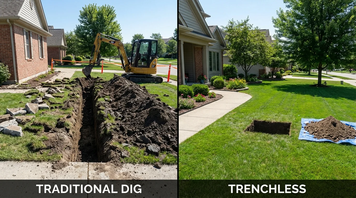 Trenchless sewer repair with minimal yard damage versus traditional excavation in Exeter, RI