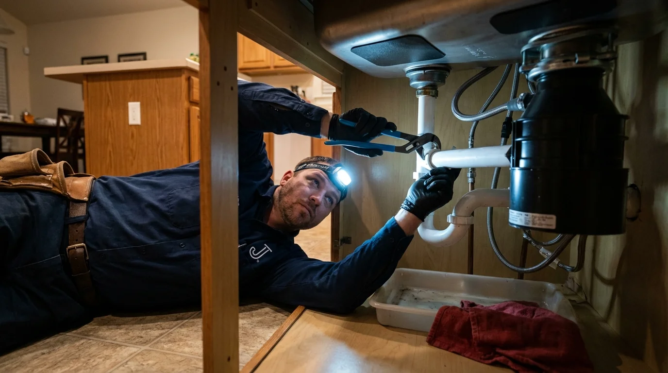 P-trap and supply line connections under a kitchen sink showing a common leak point in Exeter, RI